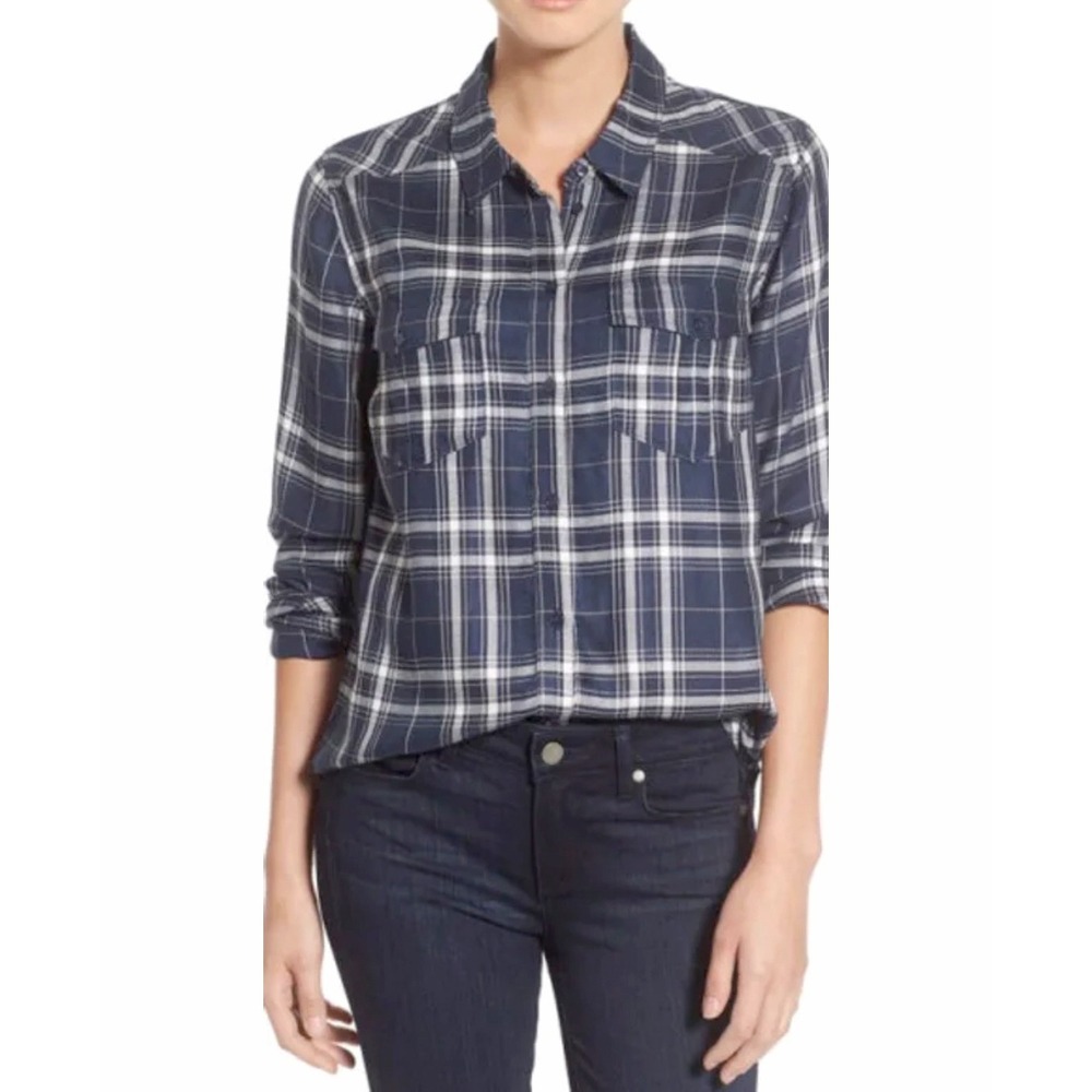 PAIGE Mya Plaid Womens Navy Blue White Cotton Button Down Shirt XS Long Sleeve